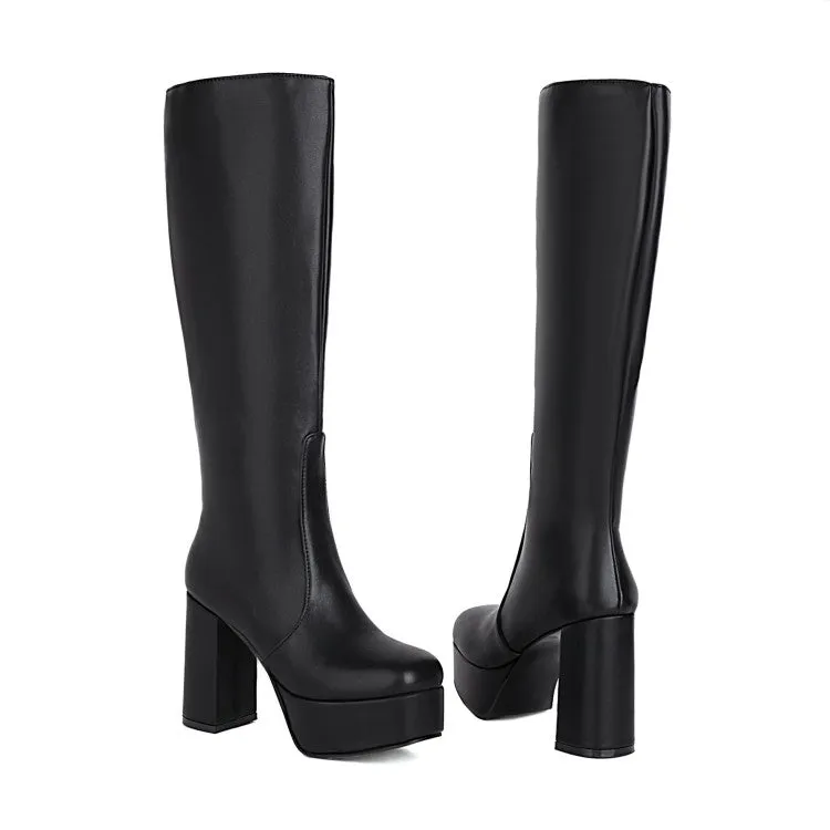 Women's Pu Leather Square Toe Side Zippers Block Chunky Heel Platform Knee High Boots