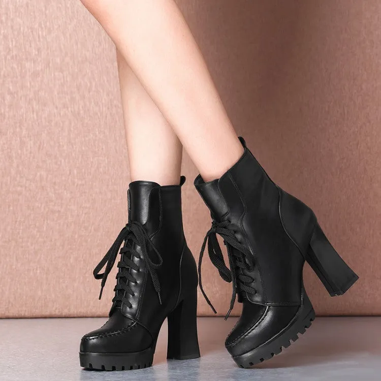 Women's Pu Leather Stitch Round Toe Lace Up Spool Heel Platform Short Boots