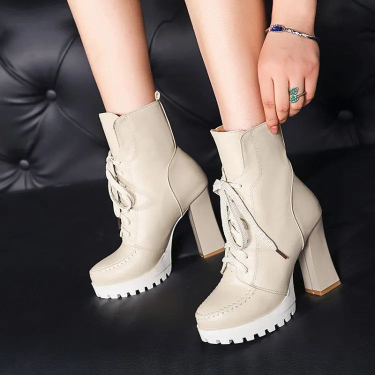 Women's Pu Leather Stitch Round Toe Lace Up Spool Heel Platform Short Boots