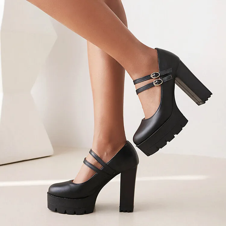 Women's Pumps Pu Leather Round Toe Double Buckles Belts Chunky Heel Platform Chunky Heels Shoes