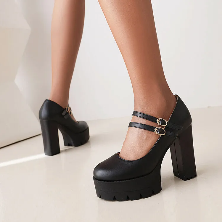 Women's Pumps Pu Leather Round Toe Double Buckles Belts Chunky Heel Platform Chunky Heels Shoes