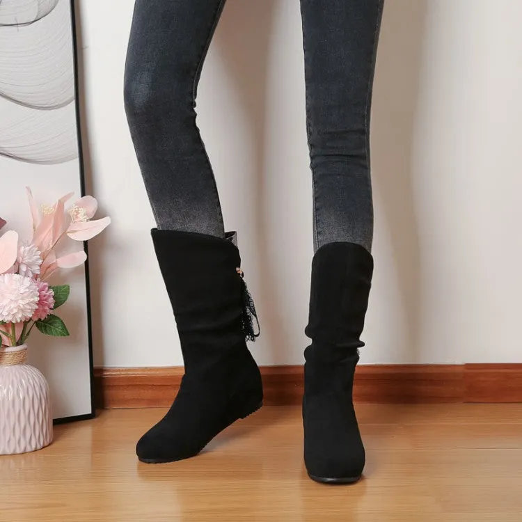 Women's Round Toe Back Tassel Flat Inside Heighten Mid Calf Boots