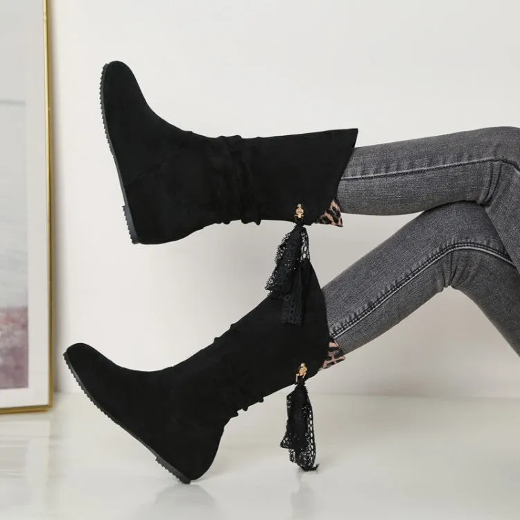 Women's Round Toe Back Tassel Flat Inside Heighten Mid Calf Boots