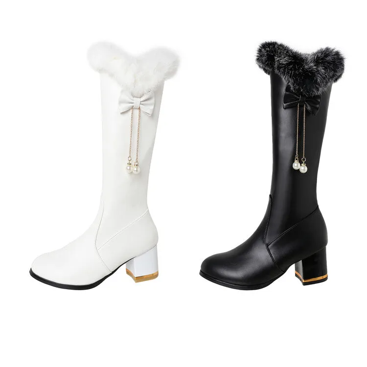 Women's Round Toe Fur Tube Block Chunky Heel Knee-High Boots