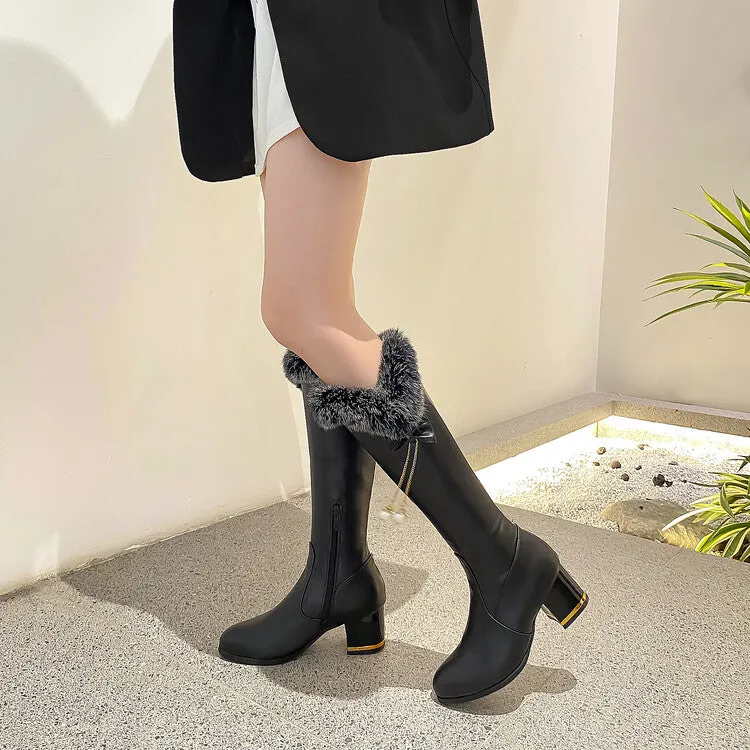 Women's Round Toe Fur Tube Block Chunky Heel Knee-High Boots