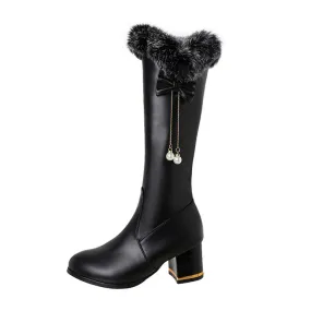 Women's Round Toe Fur Tube Block Chunky Heel Knee-High Boots