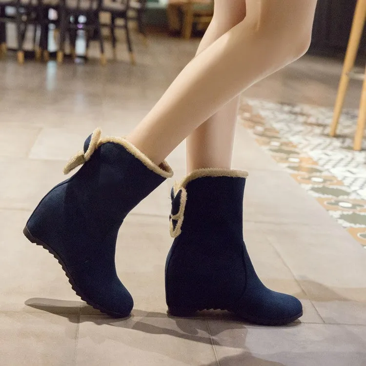 Women's Round Toe Furry Bowtie Inside Heighten Ankle Boots