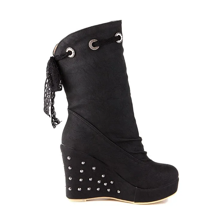 Women's Round Toe Lace Tied Straps Rivets Wedge Heel Platform Mid Calf Boots