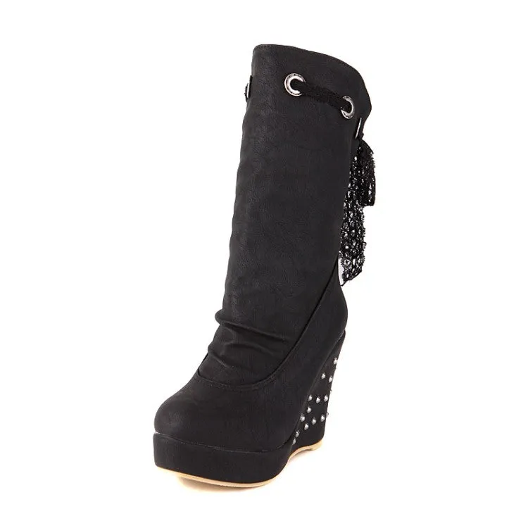 Women's Round Toe Lace Tied Straps Rivets Wedge Heel Platform Mid Calf Boots