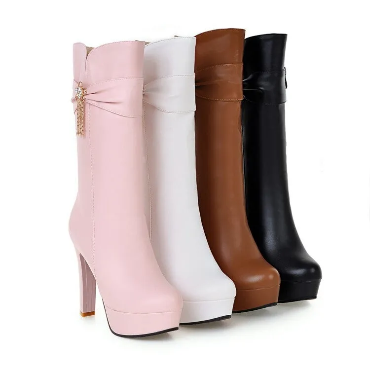 Women's Round Toe Rhinestone Flowers Block Chunky Heel Platform Mid-Calf Boots