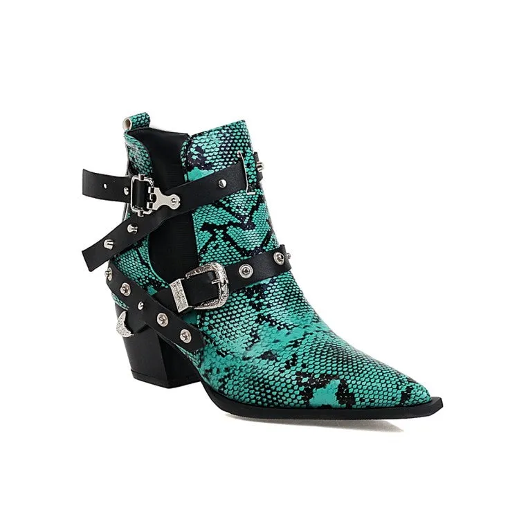 Women's Serpentinite Pointed Toe Buckles Belts Puppy Heel Short Boots