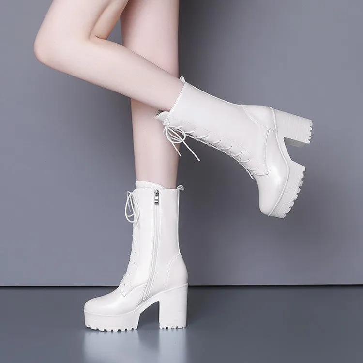 Women's Side Zippers Buckle Straps Block Heel Platform Mid Calf Boots