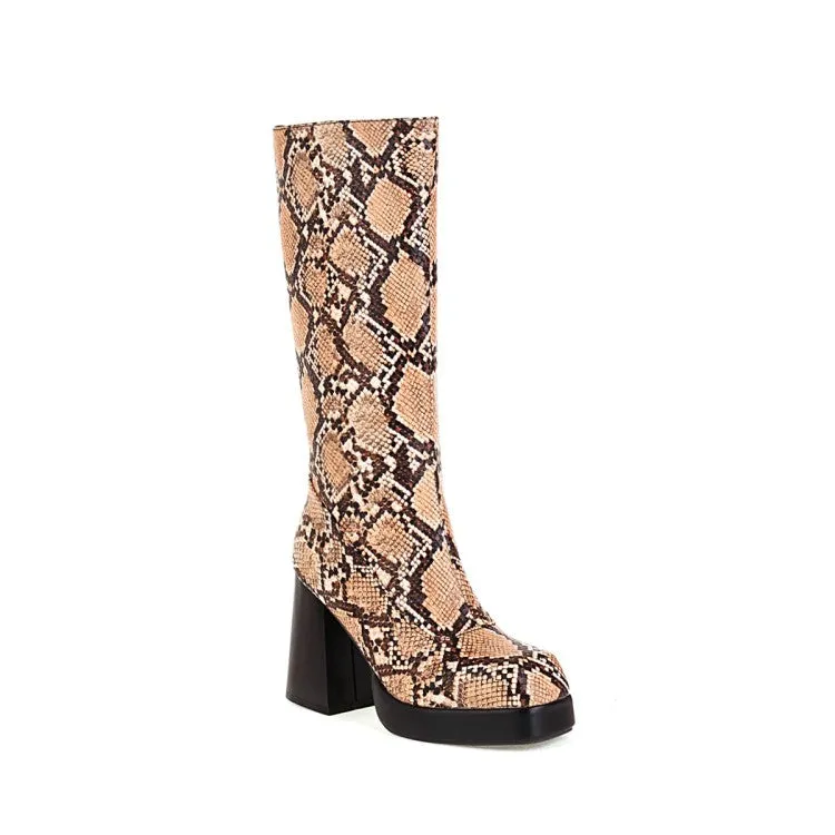 Women's Snake Printed Square Toe Side Zippers Block Chunky Heel Platform Mid-Calf Boots