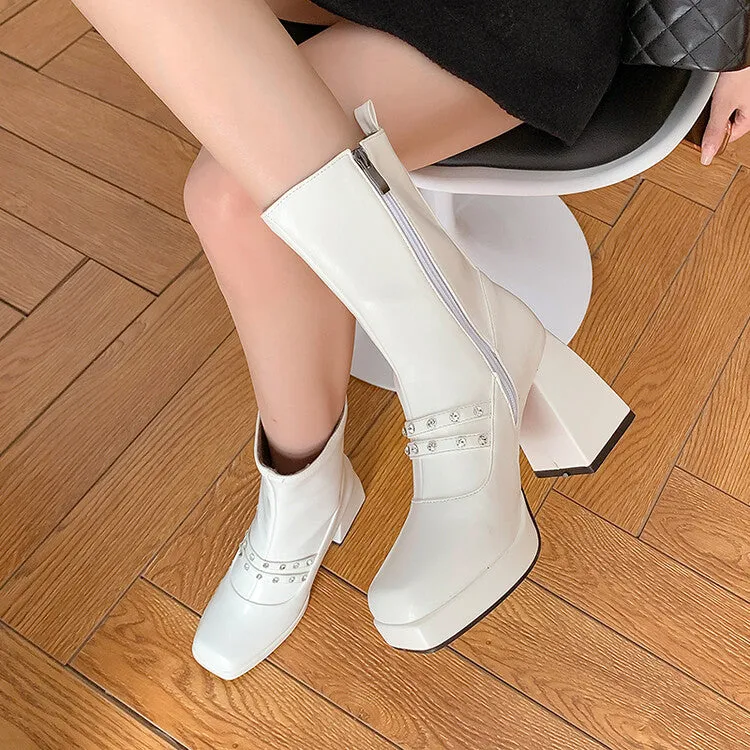 Women's Square Toe Rhinestone Side Zippers Block Chunky Heel Platform Ankle Boots