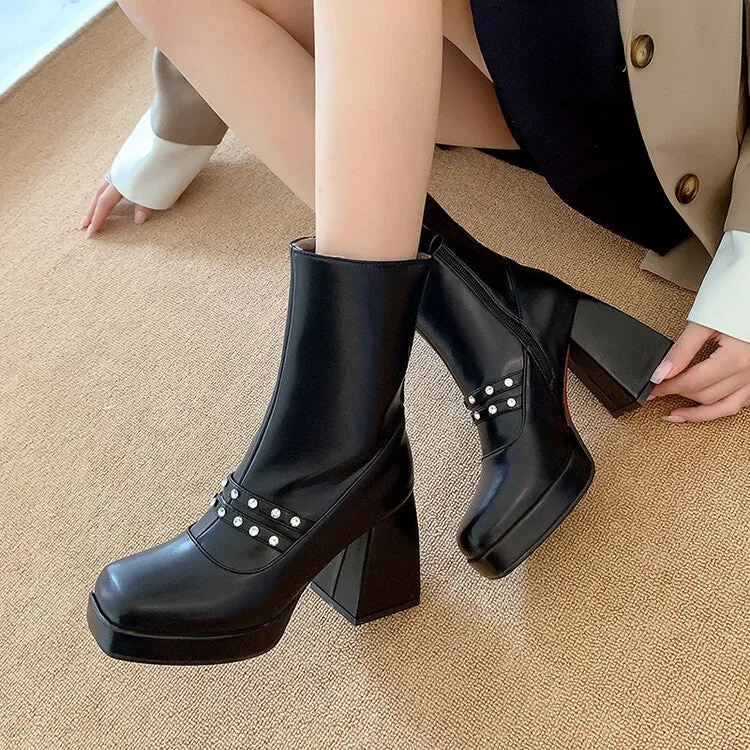 Women's Square Toe Rhinestone Side Zippers Block Chunky Heel Platform Ankle Boots