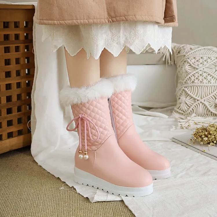 Women's Tied Straps Pearls Furry Side Zippers Platform Wedge Mid-Calf Snow Boots