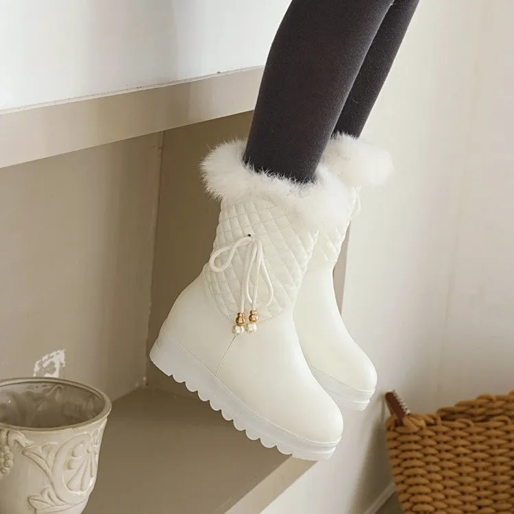 Women's Tied Straps Pearls Furry Side Zippers Platform Wedge Mid-Calf Snow Boots