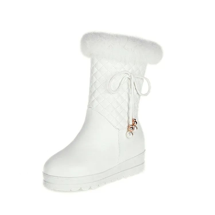 Women's Tied Straps Pearls Furry Side Zippers Platform Wedge Mid-Calf Snow Boots