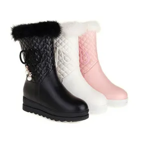 Women's Tied Straps Pearls Furry Side Zippers Platform Wedge Mid-Calf Snow Boots