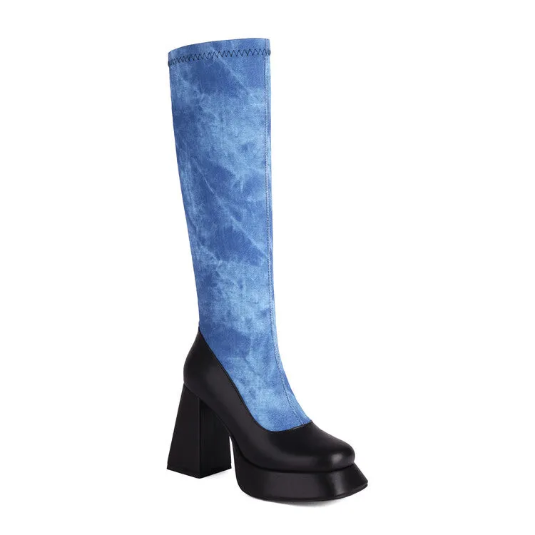 Women's Western Cowboy Tie-Dye Zippers Round Toe Chunky Heel Platform Knee High Boots