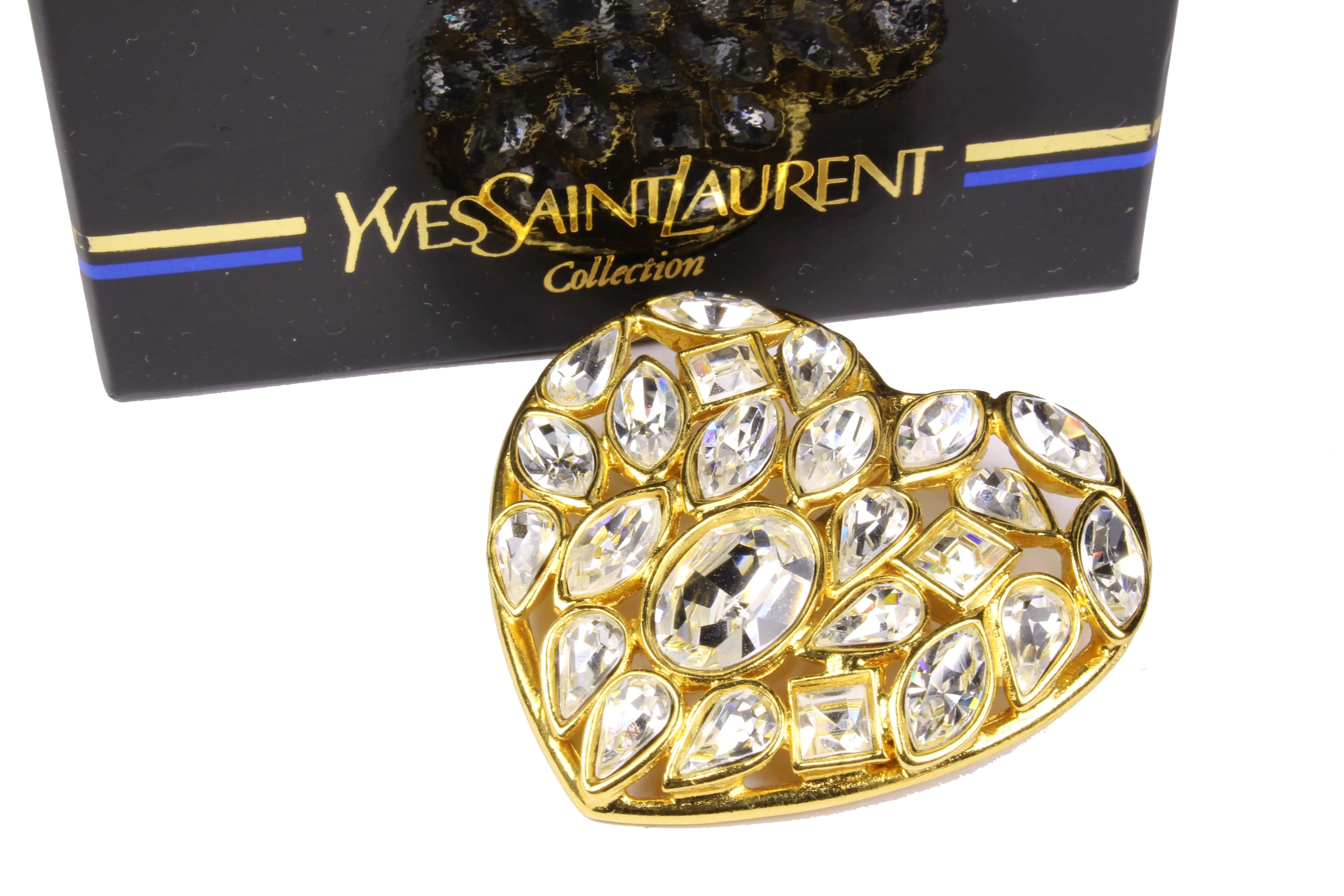 YVES SAINT LAURENT gold heart clear rhinestone brooch