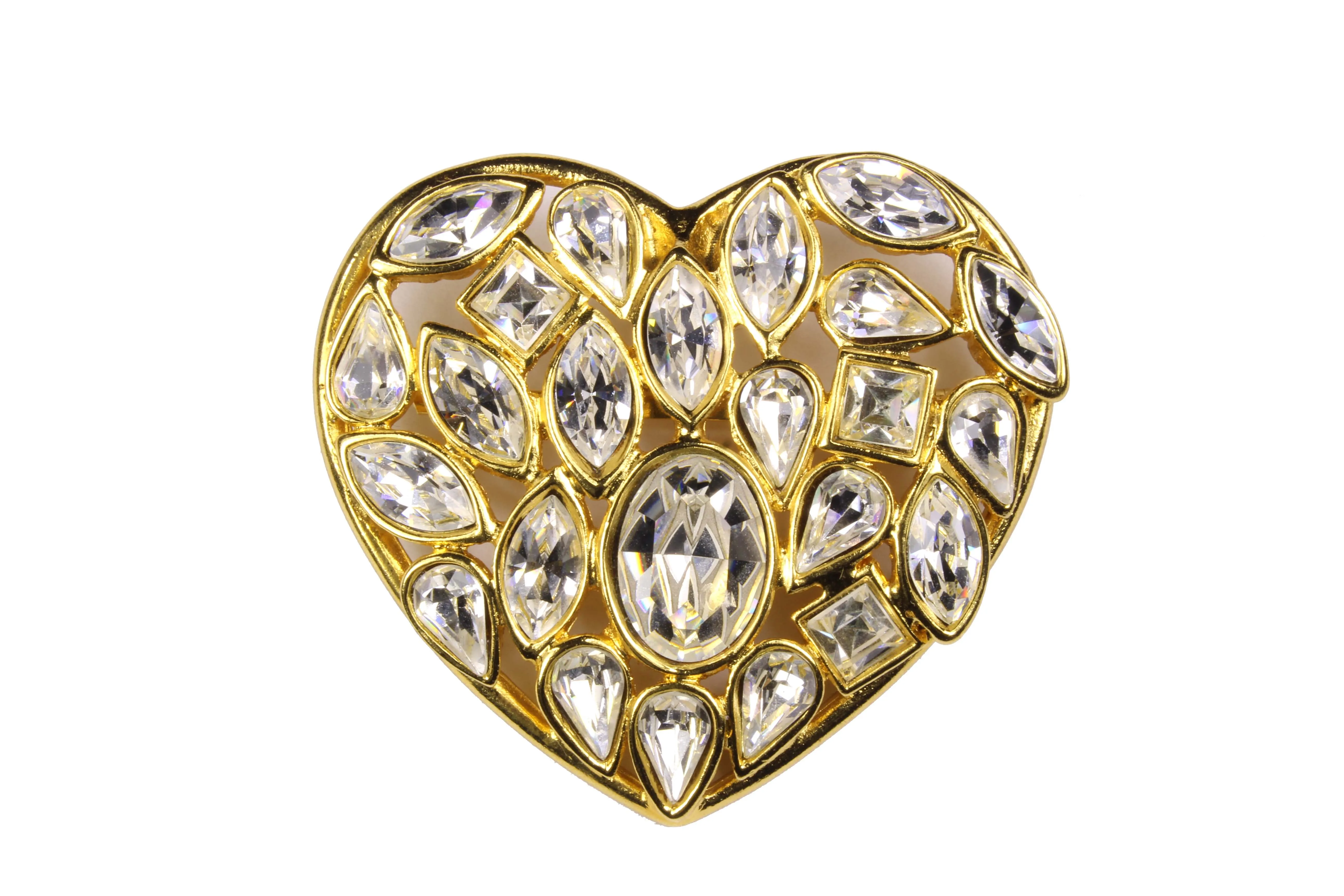 YVES SAINT LAURENT gold heart clear rhinestone brooch