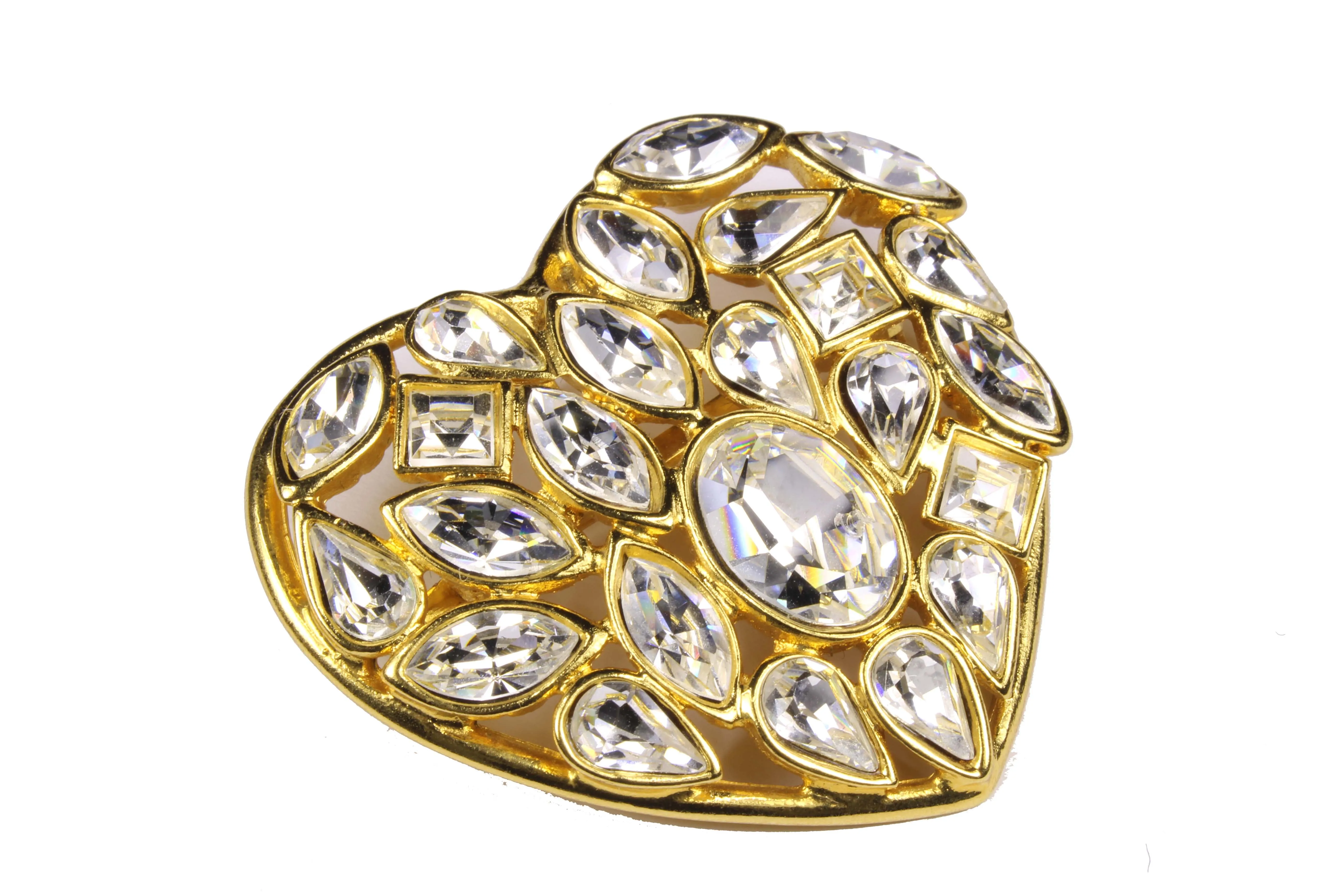 YVES SAINT LAURENT gold heart clear rhinestone brooch