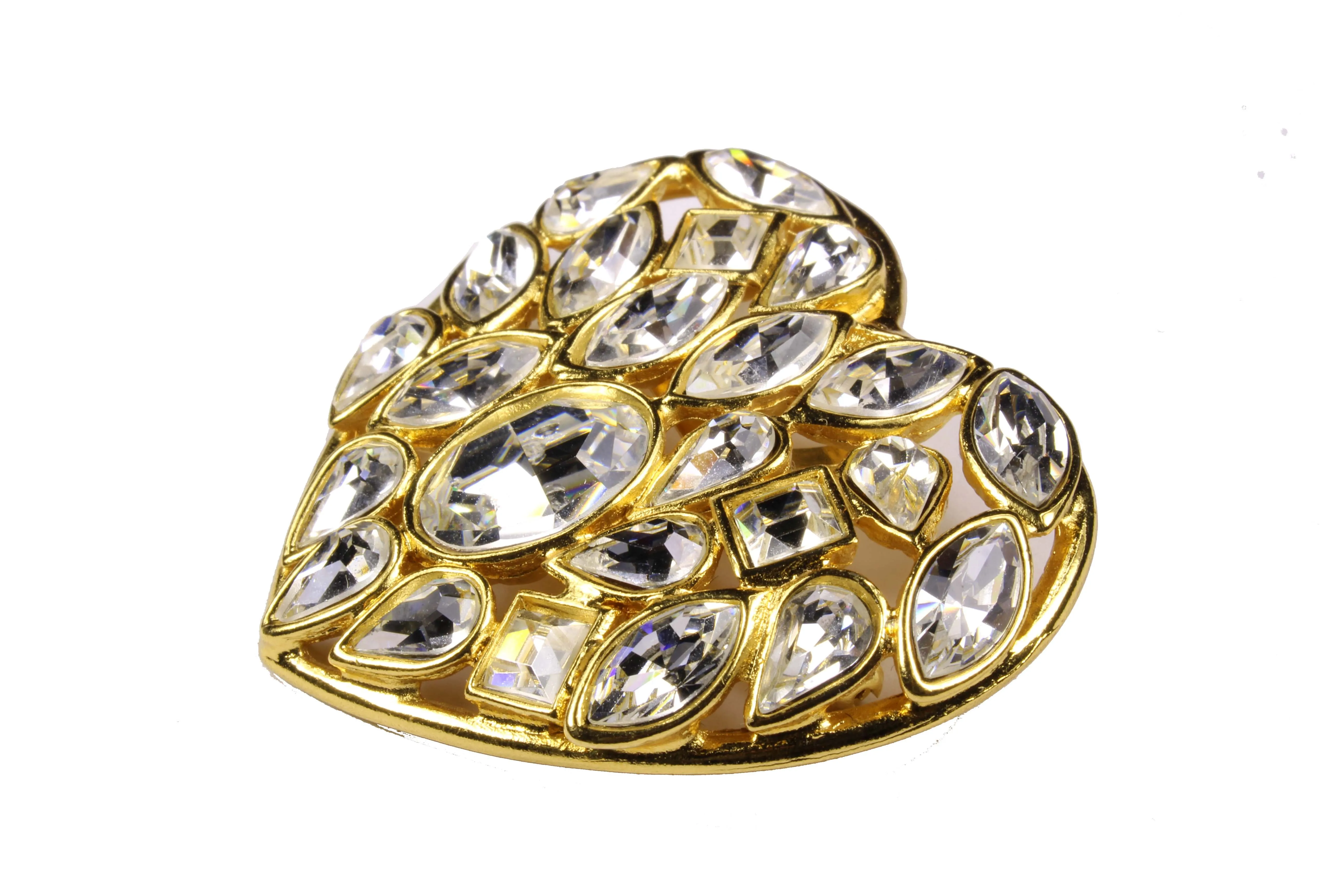 YVES SAINT LAURENT gold heart clear rhinestone brooch