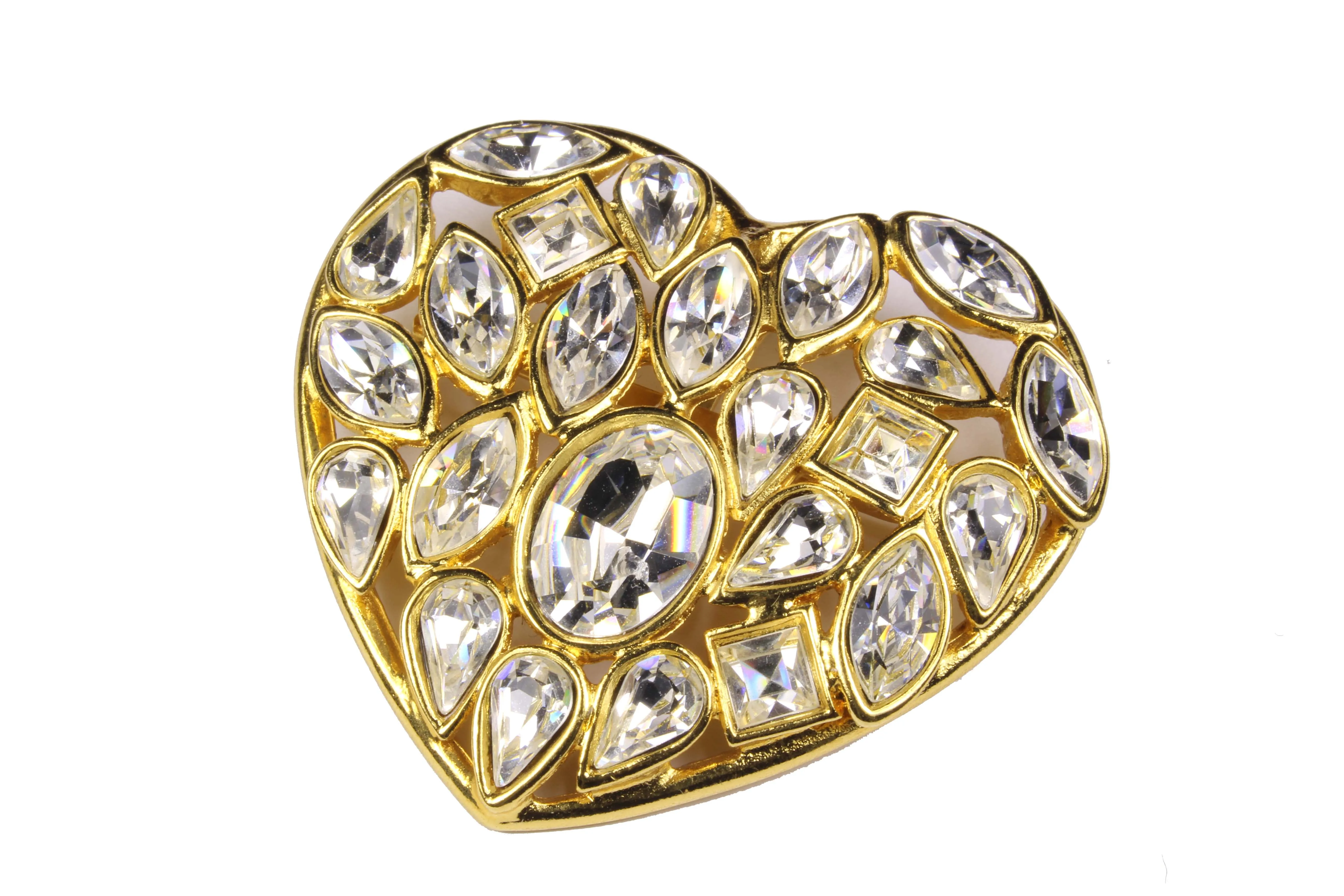 YVES SAINT LAURENT gold heart clear rhinestone brooch